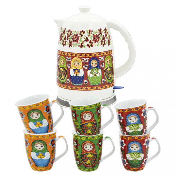 Keramik Wasserkocher + 6 Kaffeebecher Matröschka Kaffeeservice Babuschka